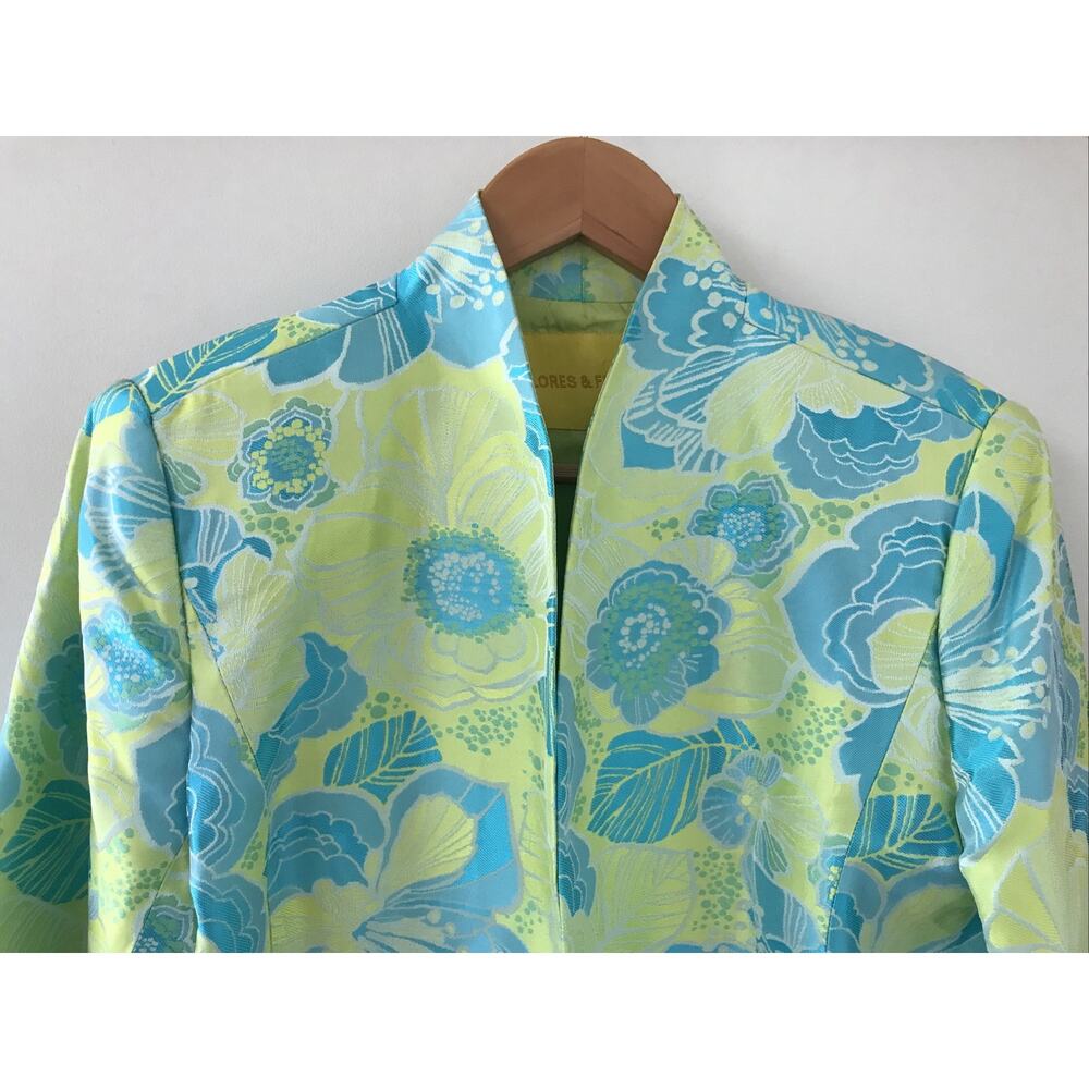 Flores Flores Blue Green Asian Chinese Style Floral Open Jacket Blazer 10 40" - Picture 2 of 8